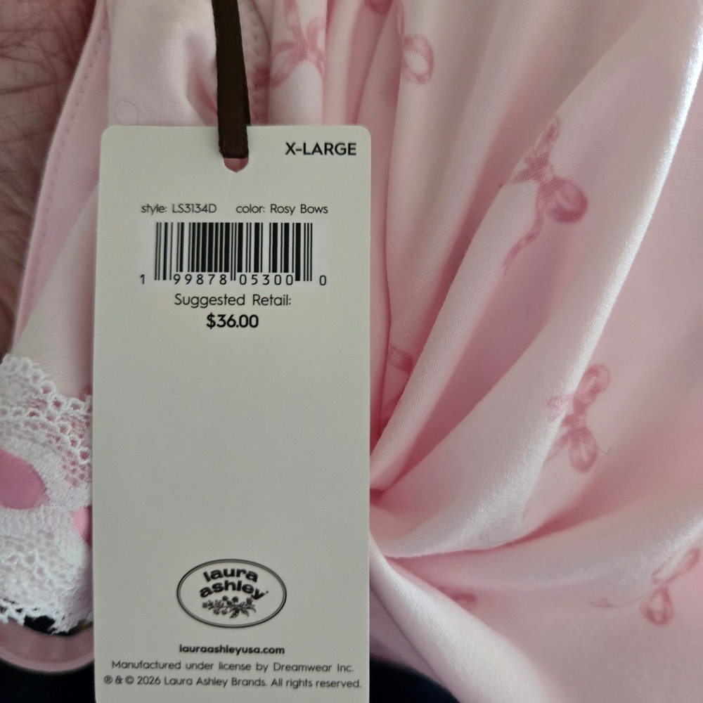 Laura Ashley Nightgown Womens XL Pink New Bow Print Lace Trim Chemise LS3134D - Picture 3 of 3